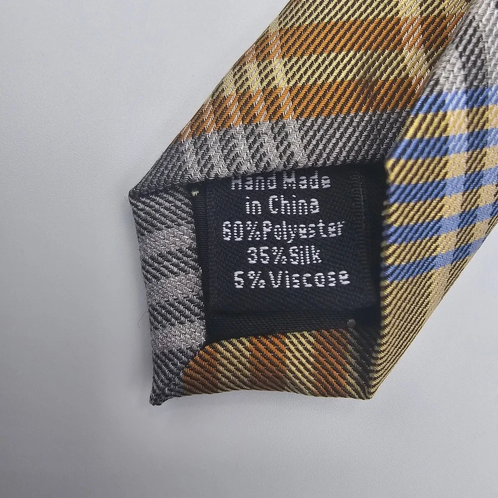Dockers Slim Tie‎ Gold Gray Blue Plaid Tartan Silk Blend Hand Made Men's Necktie